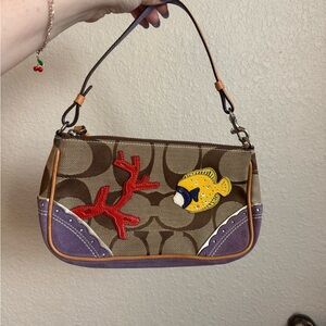 Coach Tan and Purple Shoulder Bag with Aquatic Accents